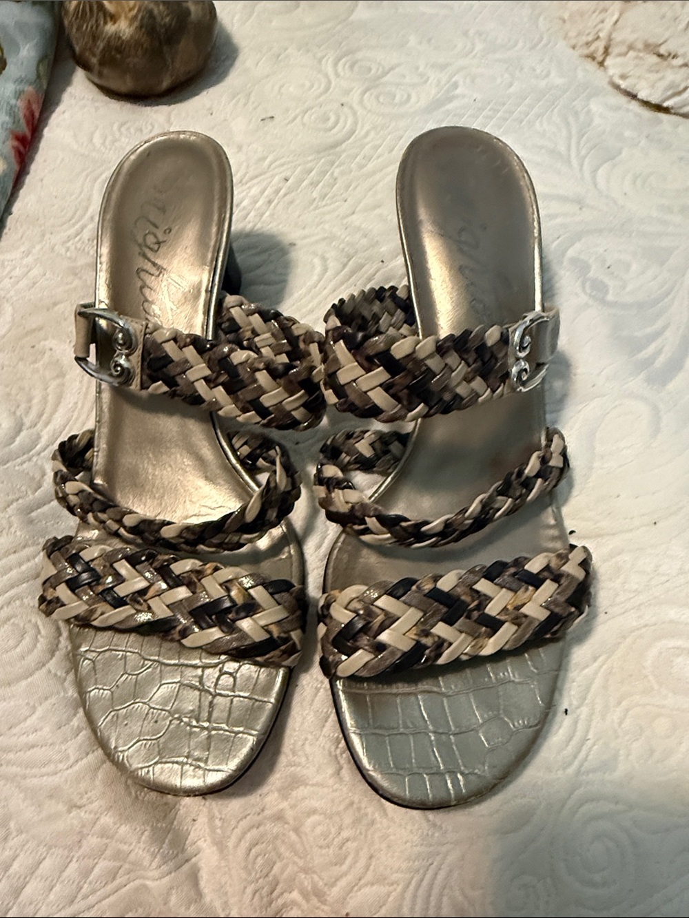 Brighton Braided Slide Heels in Metallic Silver, Beige and Brown